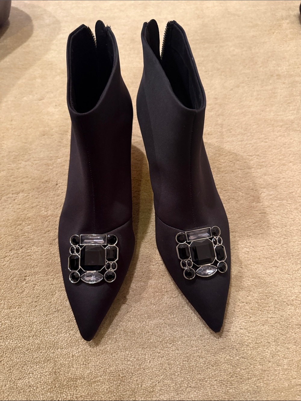 Ted Baker London Black Pointed Toe Ankle Boots with Crystal Brooches